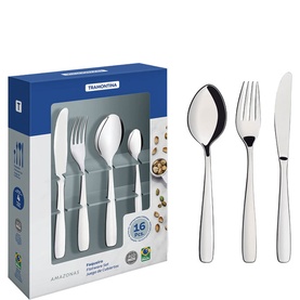 Tramontina Amazonas 16-piece stainless steel cutlery set with polished finish, shown with packaging box