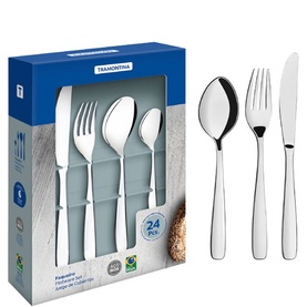 Tramontina 24-piece stainless steel cutlery set in blue retail box, including forks, knives and spoons