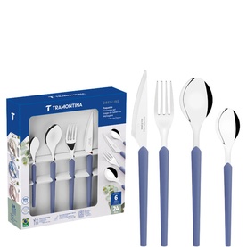 Tramontina blue-handled stainless steel cutlery set, includes forks, knives and spoons, shown with retail packaging