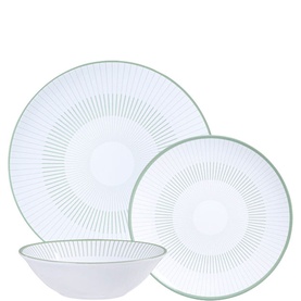 Tramontina green dinner set with ribbed detailing and sage green rim, including large plate, side plate, and bowl