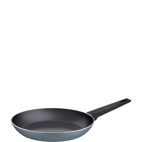 Tramontina blue frying pan with dark non-stick interior and black handle, viewed from above at a slight angle