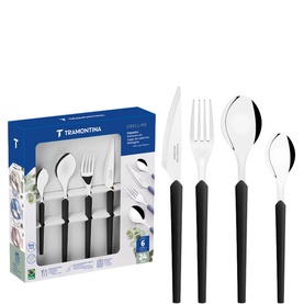 Tramontina black handle stainless steel cutlery set, 24-piece including knives, forks and spoons, shown with retail packaging