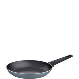 Tramontina blue frying pan with dark non-stick interior and black handle, shown from above at an angle