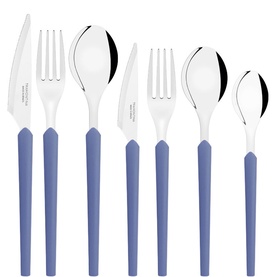 Tramontina blue-handled stainless steel cutlery set, featuring knives, forks and spoons with sleek square handles