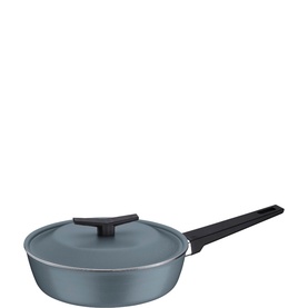 Tramontina blue non-stick frying pan with lid and black handle, deep-sided design suitable for saut&eacute;ing and simmering