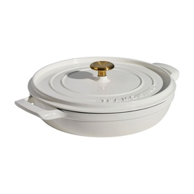 Tramontina latte cast iron pan with fitted lid and gold-tone knob handle, shallow round form with side handles