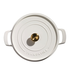 Tramontina latte cast iron casserole pan, overhead view, with gold-tone knob lid and twin handles