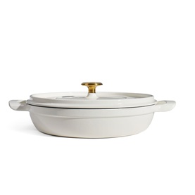 Tramontina latte cast iron shallow casserole pan with lid and gold knob, dual handles, enamel finish