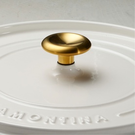 Tramontina latte cast iron pan lid close-up with brushed gold knob handle, embossed brand lettering visible on rim