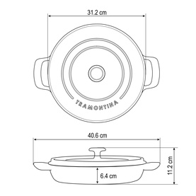 Tramontina latte pan technical diagram showing top and side views with dimensions: 31.2cm width, 40.6cm total, 6.4cm base, 11.2cm height