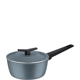 Tramontina blue saucepan with matching lid and black long handle, matte finish exterior