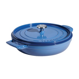 Tramontina blue cast iron shallow pan with lid, featuring silver knob handle and dual side handles
