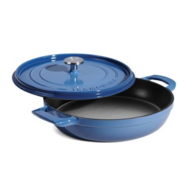 Tramontina blue cast iron pan with matching domed lid, dual handles, and black non-stick interior
