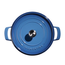 Tramontina blue cast iron round casserole pan, overhead view showing lid with stainless steel knob and side handles.