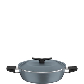 Tramontina blue saute pan with matching lid and dual black handles, shallow sides with polished steel rim detail