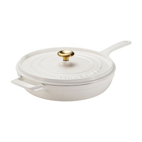 Tramontina Saute Pan in latte with fitted lid and gold knob handle, cast iron construction with long handle and side grip