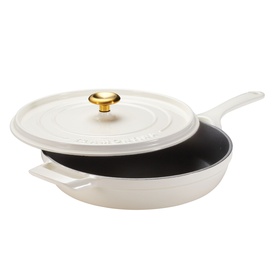 Tramontina Saute Pan in latte cast iron with fitted lid and gold knob, black non-stick interior, single long handle