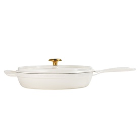 Tramontina Saute Pan in latte with lid and gold-tone knob, long handle, cast iron construction on white background