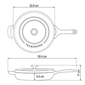 Tramontina Saute Pan in latte, technical diagram showing dimensions: 32.8cm diameter, 55.4cm total width with handle, 11cm height, 6.4cm base.