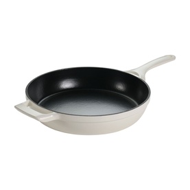 Tramontina latte cast iron skillet with black non-stick interior, long handle and helper handle