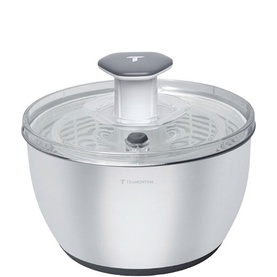 Tramontina Spinner in stainless steel with clear lid, push-button mechanism, and grey non-slip base