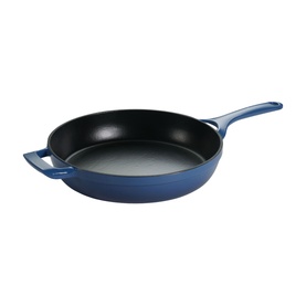 Tramontina blue cast iron skillet with black interior, long handle and helper handle, viewed from above at an angle