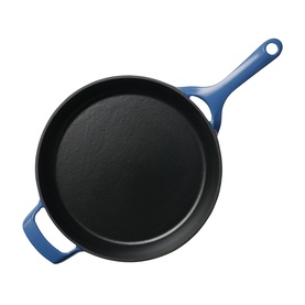 Tramontina blue cast iron skillet with long handle and helper handle, black cooking surface, viewed from above