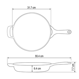 Tramontina blue skillet technical diagram showing 31.7cm diameter, 55.4cm total length with handle, and 7.7cm depth measurements.