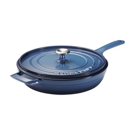 Tramontina blue cast iron saut&eacute; pan with fitted lid and long handle, silver knob finial detail