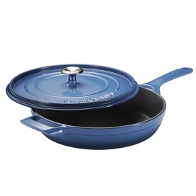 Tramontina blue cast iron saute pan with matching lid and silver knob, shown with lid slightly offset to reveal pan interior