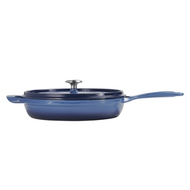 Tramontina blue cast iron saute pan with fitted lid and long handle, side profile view