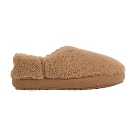 Emu camel shearling slippers with folded cuff, tan rubber sole, side profile view