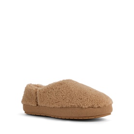 Emu camel shearling slippers with fluffy foldover cuff and tan rubber sole, side view