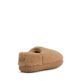 Emu camel slippers with sherpa texture upper, faux fur trim collar, and tan rubber sole, rear three-quarter view.