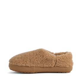Emu camel shearling slippers with fluffy teddy texture upper and rubber sole, side view
