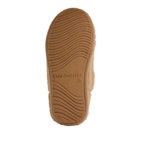 Emu Australia camel slippers sole view, showing textured rubber outsole with wave pattern and brand logo