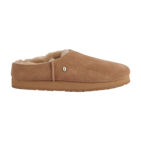 Emu camel suede slip-on slippers with shearling fleece lining, small logo badge detail, and tan rubber sole