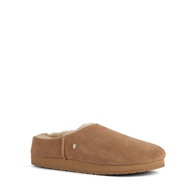 Emu camel suede slippers with cream shearling lining and textured rubber sole, side profile view.