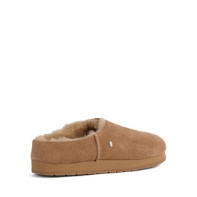Emu camel suede slippers with shearling lining, tonal rubber sole, rear three-quarter view