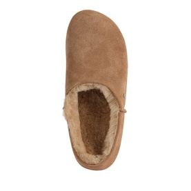 Emu camel suede slippers with plush shearling lining, top-down view showing textured insole and fur trim collar
