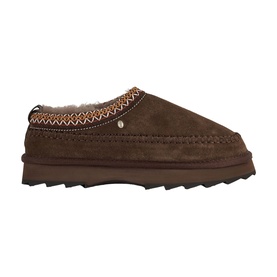 Emu chocolate suede slippers with embroidered trim, shearling lining, and chunky ridged sole