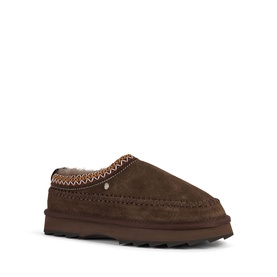 Emu Womens Slippers in chocolate suede with contrast embroidered trim, shearling lining, and chunky ridged sole.