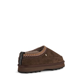 Emu Chocolate suede slippers with zigzag embroidered heel detail and chunky brown rubber sole, rear three-quarter view