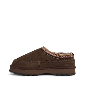 Emu chocolate suede slippers with zigzag embroidered trim, shearling lining, and chunky brown rubber sole