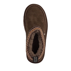 Emu chocolate suede slippers, top-down view showing faux fur lining and zigzag stitched moccasin trim