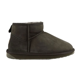 Emu Dark Olive suede ankle slipper boots with shearling lining and ridged sole, side view