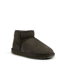 Emu Dark Olive suede slipper boots with plush shearling lining and flat rubber sole, ultra-mini ankle height