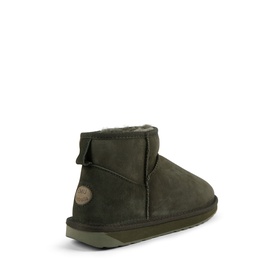 Emu Dark Olive suede slipper boot with shearling cuff, side brand badge, and olive-toned rubber sole, three-quarter rear view.