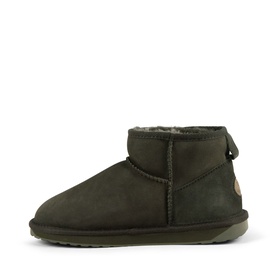 Emu Dark Olive suede ankle slipper boots with shearling lining, loop back tab, and cream flat sole, side profile view.