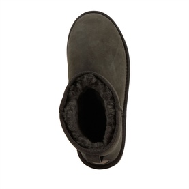 Emu Dark Olive suede slipper boot, top-down view showing plush black shearling lining and rubber sole edge